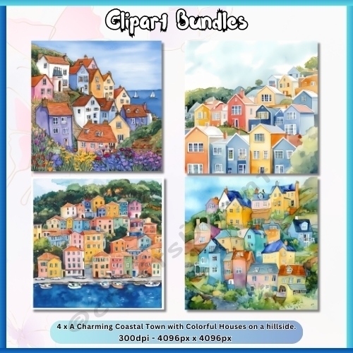 4 x Charming Coastal Town with Colorful Houses on a Hillside (4096px x 4096px, 300dpi, .png files)