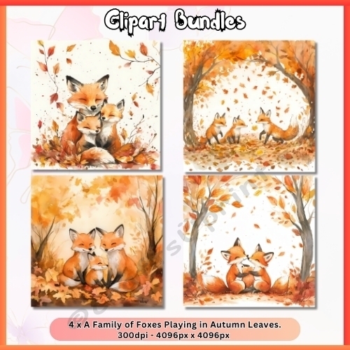4 x A Family of Foxes Playing in Autumn Leaves (4096px x 4096px, 300dpi, .png files)