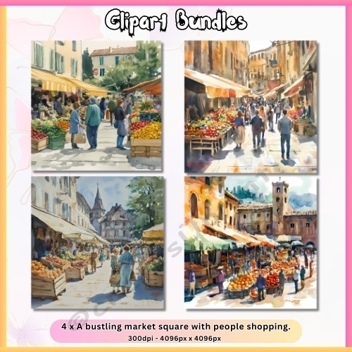 4 x Bustling Market Square with People Shopping (4096px x 4096px, 300dpi, .png files)