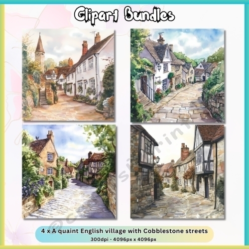 4 x Quaint English Village with Cobblestone Streets (4096px x 4096px, 300dpi, .png files)