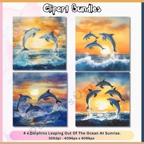 4 x Dolphins Leaping Out of the Ocean at Sunrise (4096px x 4096px, 300dpi, .png files)