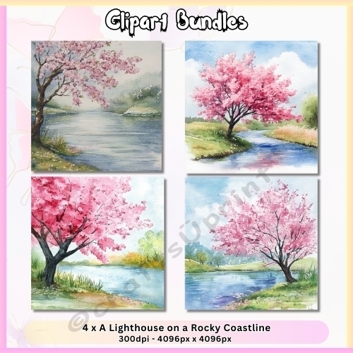 Cherry Blossom Tree in Full Bloom by a Peaceful River (4096px x 4096px, 300dpi, .png)