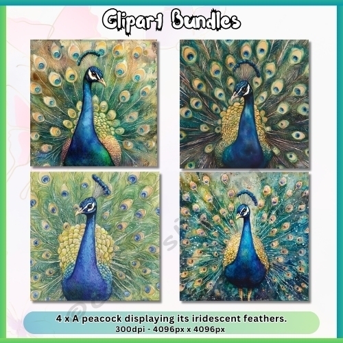 4 x Peacock Displaying Its Iridescent Feathers – Watercolor Illustration (4096px x 4096px, 300dpi, .png)