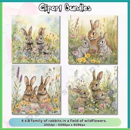 4 x Family of Rabbits in a Field of Wildflowers – Watercolor Illustration (4096px x 4096px, 300dpi, .png)
