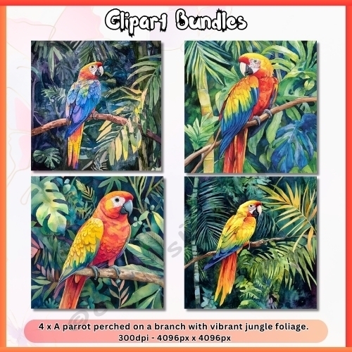 4 x Parrot Perched on a Branch with Vibrant Jungle Foliage – Watercolor Illustration (4096px x 4096px, 300dpi, .png)