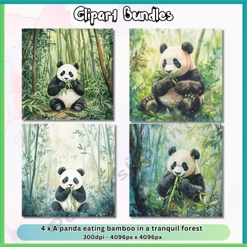 4 x Panda Eating Bamboo in a Tranquil Forest – Watercolor Illustration (4096px x 4096px, 300dpi, .png)