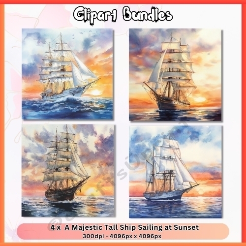 4 x Majestic Tall Ship Sailing at Sunset (4096px x 4096px, 300dpi, .png file)