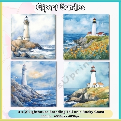 4 x Lighthouse Standing Tall on a Rocky Coast (4096px x 4096px, 300dpi, .png file)