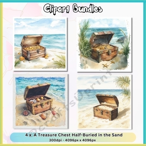 4 x Treasure Chest Half-Buried in the Sand (4096px x 4096px, 300dpi, .png file)