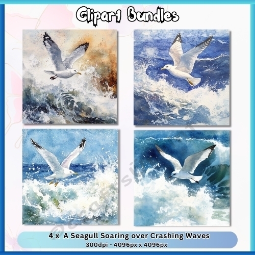 4 x Seagull Soaring Over Crashing Waves - 4096px x 4096px, 300dpi, PNG