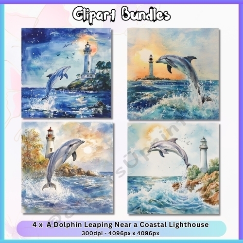4 x Dolphin Leaping Near a Coastal Lighthouse (.png, 4096px x 4096px, 300dpi)