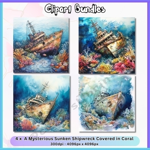4 x Mysterious Sunken Shipwreck Covered in Coral (.png, 4096px x 4096px, 300dpi)