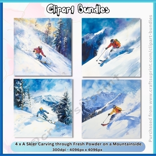 4 x A Skier Carving Through Fresh Powder on a Mountainside (4096px x 4096px, 300dpi, High Quality .jpg Files)