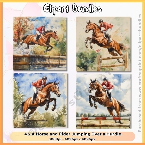 4 x A Horse and Rider Jumping Over a Hurdle (4096px x 4096px, 300dpi, High Quality .jpg Files)