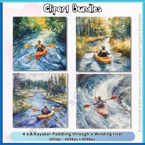 4 x A Kayaker Paddling Through a Winding River (4096px x 4096px, 300dpi, High Quality .jpg Files)