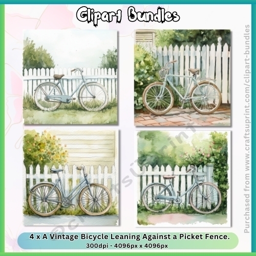 4 x A Vintage Bicycle Leaning Against a Picket Fence (4096px x 4096px, 300dpi, .jpg files)