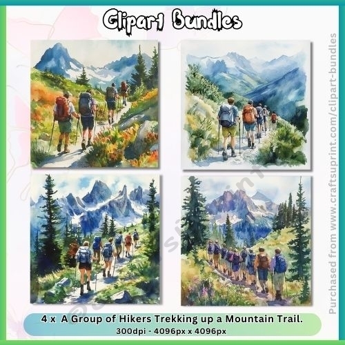 4 x A Group of Hikers Trekking Up a Mountain Trail (4096px x 4096px, 300dpi, .jpg file)