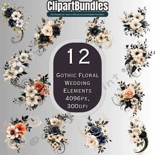 12 x Gothic Floral Corner Elements Clipart Bundle (4096px x 4096px, 300dpi, .png files)