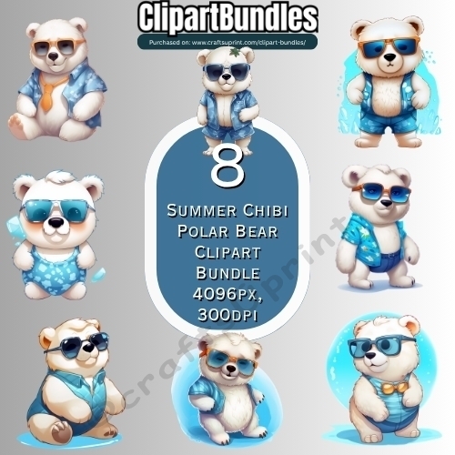 8 x Beautiful Summer Chibi Polar Bear Clipart Bundle (4096px x 4096px, 300dpi, .png files)