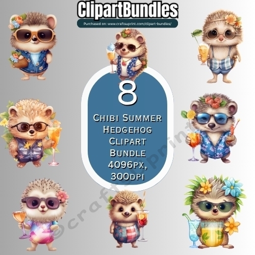 8 x Beautiful Summer Chibi Hedgehog Clipart Bundle (4096px x 4096px, 300dpi, .png files)