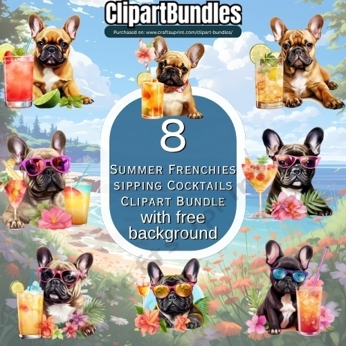 8 x Summer Frenchie Sipping Cocktails Clipart Bundle (4096px x 4096px, 300dpi, .png files, includes free background)