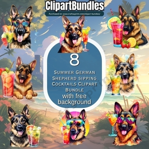 8 x Summer German Shepherds Sipping Cocktails Clipart Bundle (4096px x 4096px, 300dpi, .png files, includes free background)
