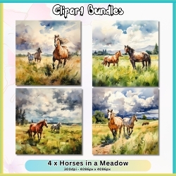 4 x Horses in a Meadow Images Bundle (4096px x 4096px, 300dpi, PNG files)