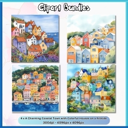 4 x Charming Coastal Town with Colorful Houses on a Hillside (4096px x 4096px, 300dpi, .png files)