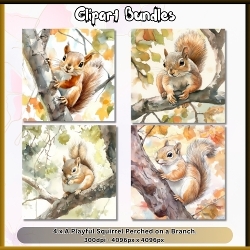 4 x Playful Squirrel Perched on a Tree Branch (4096px x 4096px, 300dpi, .png files)