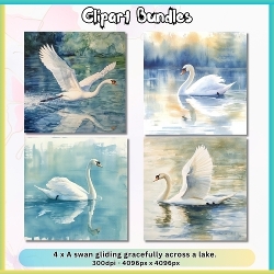 4 x Swan Gliding Gracefully Across a Lake – Watercolor Illustration (4096px x 4096px, 300dpi, .png)