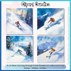 4 x A Skier Carving Through Fresh Powder on a Mountainside (4096px x 4096px, 300dpi, High Quality .jpg Files)