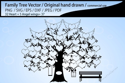 32 heart with 5 angel wings family tree