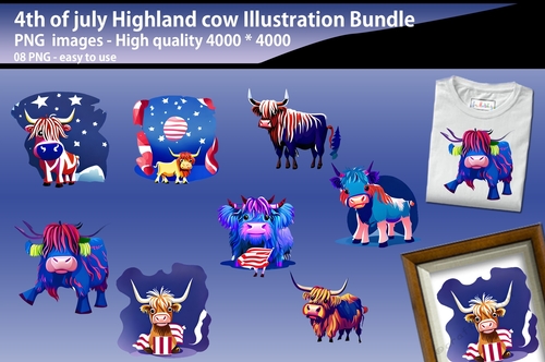 4th of july highland cow illustrations