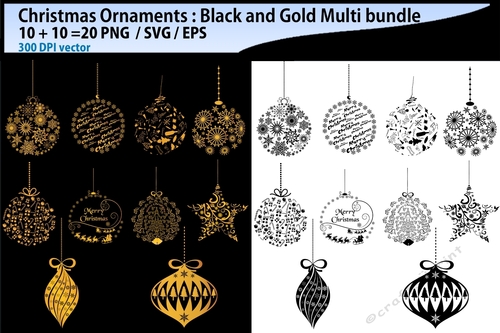 x mas ornament svg / christmas ornaments svg silhouette / christmas ornaments bundle / gold and black SVG ornaments