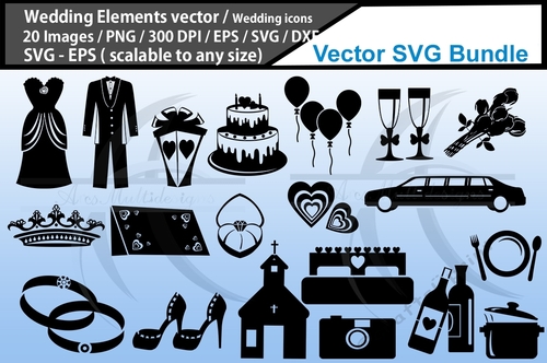 wedding silhouette svg cutting files bundle, wedding elements clipart, wedding elements vector, printable wedding icons, wedding graphics