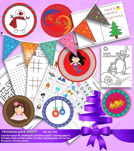 christmas pack bundle, scrapbooking, card making, coloring page and games