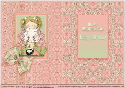 Girl with Pink Flowers Fold Back Birthday Card