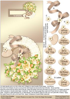 Cream Roses on a Lace Fan Over the Edge Decoupage