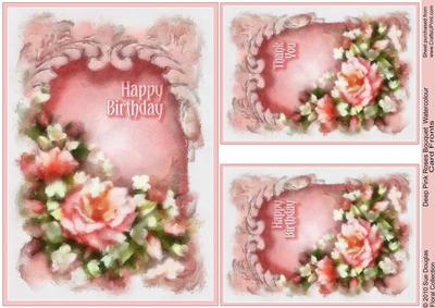 Deep Pink Roses Bouquet Watercolour Card Fronts