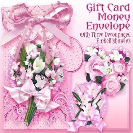 Pink Floral Lace and Pearls, Gift Envelope with 3 Decoupage