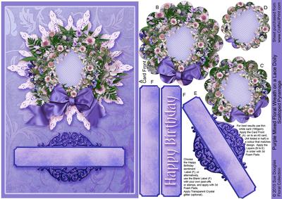 Purple Mixed Floral Wreath on a Lace Doily Pyramage
