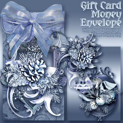 Silver Christmas, Gift Envelope with 3 Decoupage Embellish