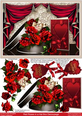 Red Roses in a Hat Box Decoupage, Valentine, Birthday