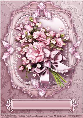 Vintage Pink Roses Bouquet in a Frame A4 Card Front