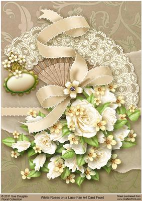 White Roses on a Lace Fan A4 Card Front