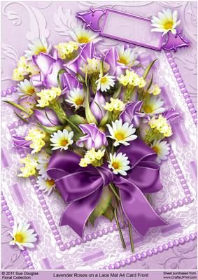 Lavender Roses on a Lace Mat A4 Card Front