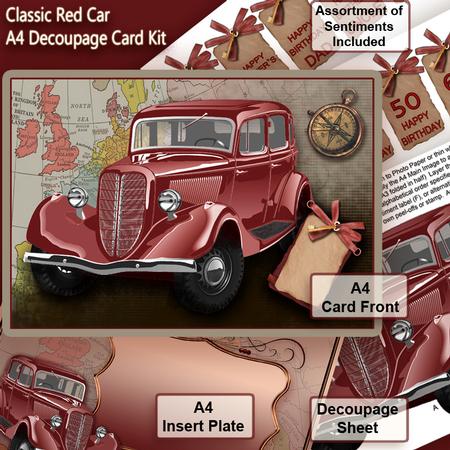 Classic Red Car A4 Decoupage, Birthday
