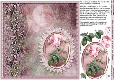 Vintage Pink Rose in a Lace Frame 8in x 8in Decoupage