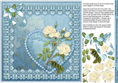 Vintage White Roses in a Lace Frame 8in x 8in Decoupage