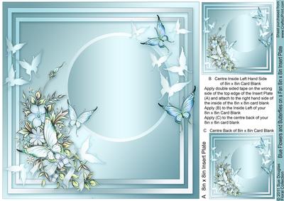 Blue Flowers and Butterflies on a Fan-8in x 8in Insert Plate